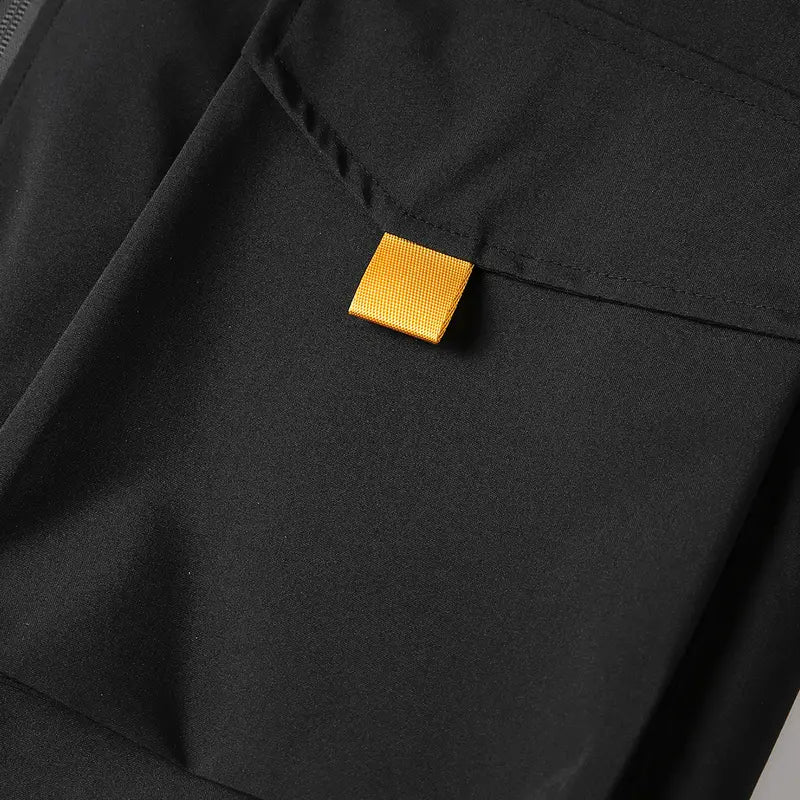 Men's Black Hooded Windbreaker Coat - Menswear Tops, Multi-Pocket Design with Yellow Contrast Tabs, Drawstring Adjustable Hood, Elastic Cuffs & Hem, Water-Repellent Fabric, Full Zip, Plain, Machine Wash for Spring Autumn Urban Street Casual Outfits