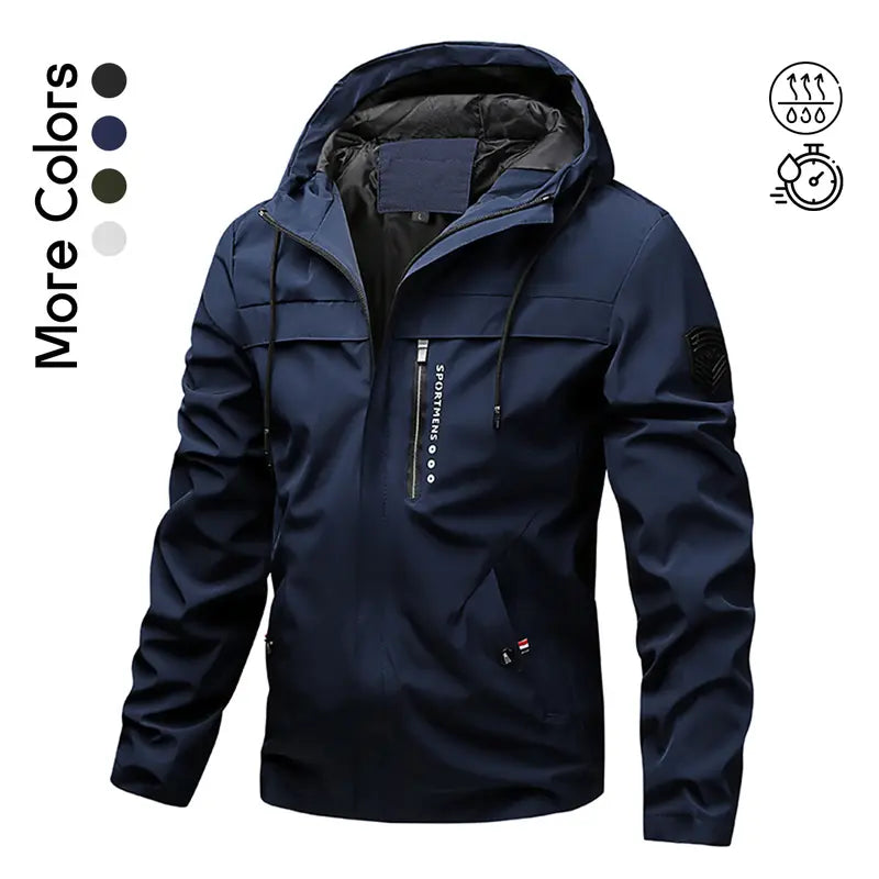 Men's Lightweight Hooded Windbreaker Jacket - Casual Outdoor Fashion Coat with Utility Pockets & Sleeve Patch Beige Long Sleeve