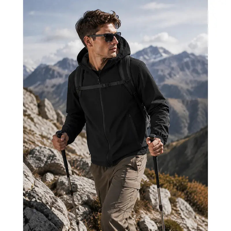 Men's Casual Hooded Mesh Softshell Jacket - Lightweight, Windproof, Full-Zip Outdoor Activewear for Camping, Hiking, Commuting, Menswear Coats, Sportswear