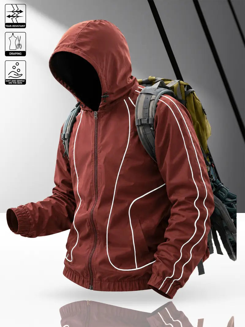 Men's windproof waterproof jacket, breathable outdoor hiking coat, foldable hat design, lightweight and durable, all weather use, suitable for spring and summer in thin styles.