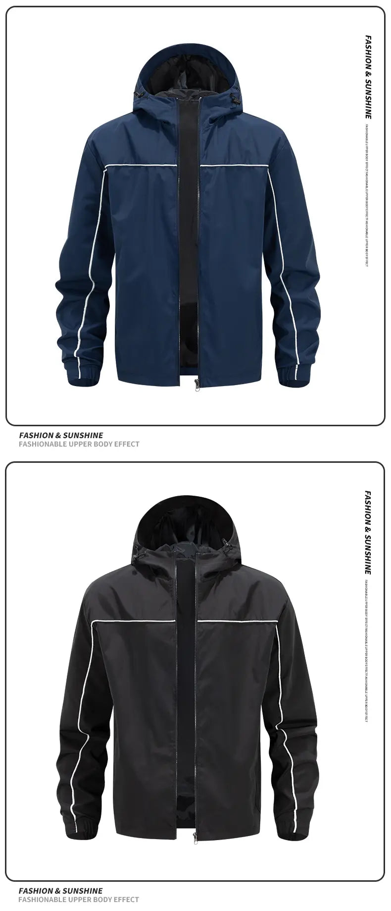 Men’s 3-Pack Hooded Full-Zip Lightweight Jackets, Reflective Piping Windbreaker Coats, Casual Outdoor Zip-Up Jackets with Elastic Cuffs & Hem, Fall/Spring Everyday Streetwear, Black/Navy/Green