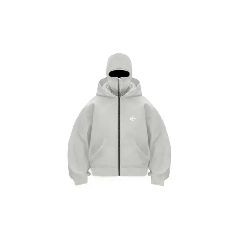 Unisex Double Hood Balaclava Full Zip Hoodie, Y2K Streetwear Boxy Cropped Fleece Sweatshirt, Ski Mask Face Cover Zip Up Jacket for Men Women, Multiple Colours