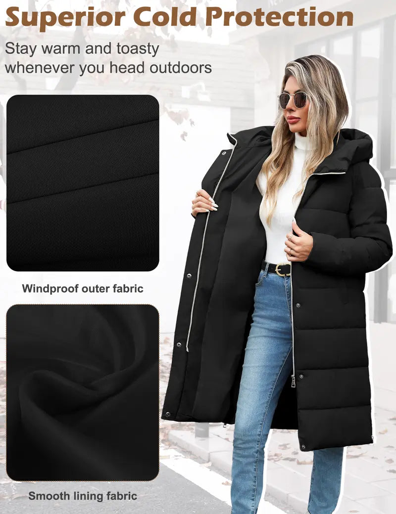 Womens Winter Long Puffer Coats Down Thicken Warm Quilted Jacket Mid-Length with Side Zipper and Hood Outerwear