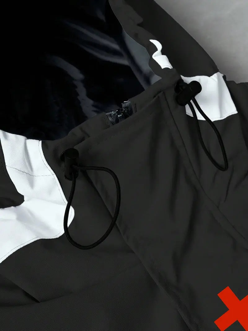 Men's Baggy Cross-Print Hooded Zip-Up Techwear Windbreaker Jacket - Textured Woven Fabric, Waterproof, Long-Sleeve, Lightweight, Unisex Fit, Patchwork, Outdoor/Party/New Year Wear, Biker Streetwear Work Top