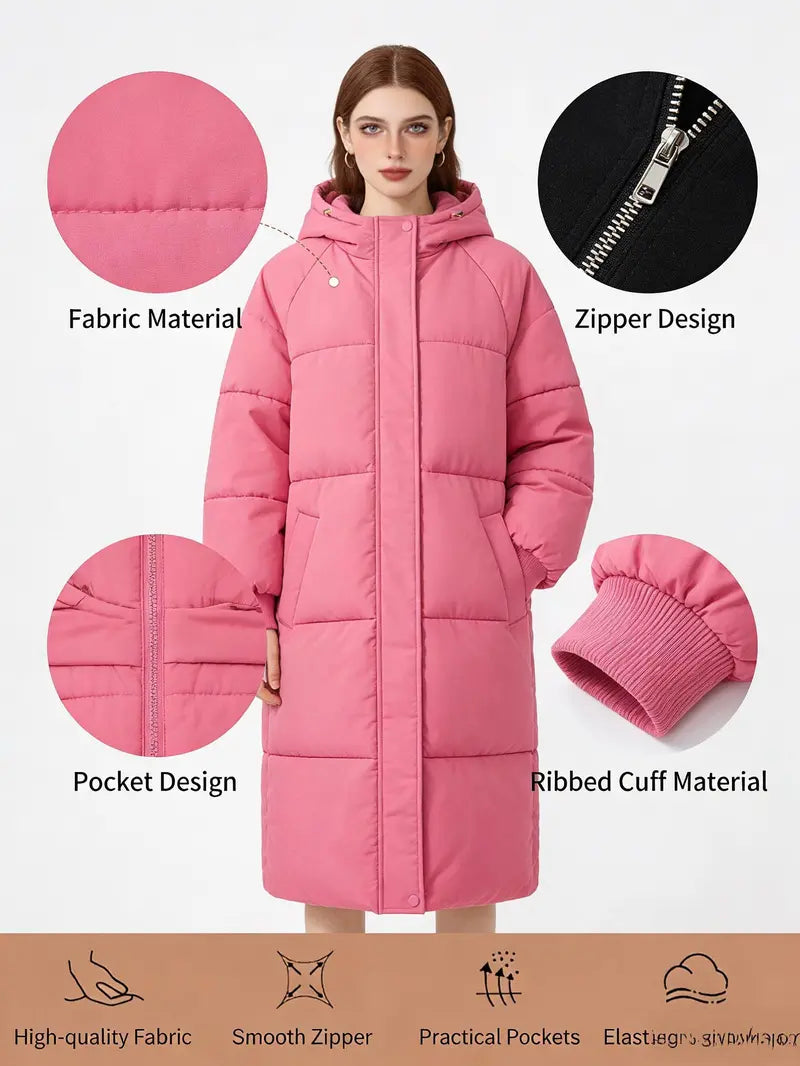 VVZ Women's Pink Button Front Full Zip Up Coat Trendy Warm Raglan Sleeve Outerwear for Daily Wear Puffer Jacket Hooded Coat Essential Winter Clothing Piece Style Tops Twist