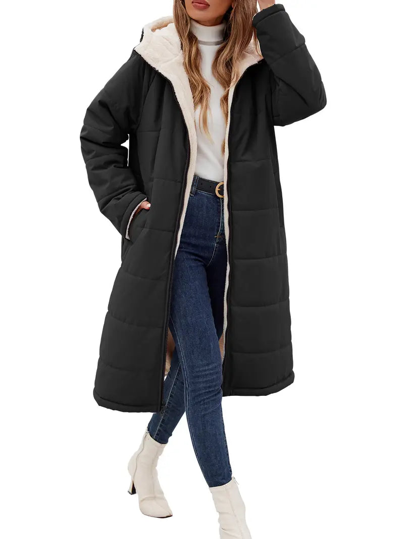 【Pre‑Season Price】HEEKPEK Women's Oversized Sherpa Fleece Lined Long Hooded Puffer Coat - Long Sleeve, Windproof, Waterproof, Insulated, Basic, Casual, Athletic, Outdoors Waterproof Wear