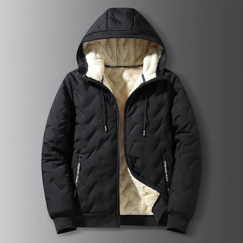 Men's Korean Casual Baggy Winter Jacket - Solid Color, Fleece-Lined Polyester, Hooded, Windproof for Outdoor Commuting, Woven, Hooded Protection, Long Sleeves Keep Arms Covered, Plain Style Keeps Outfits Clean, Windproof Coat zipper full