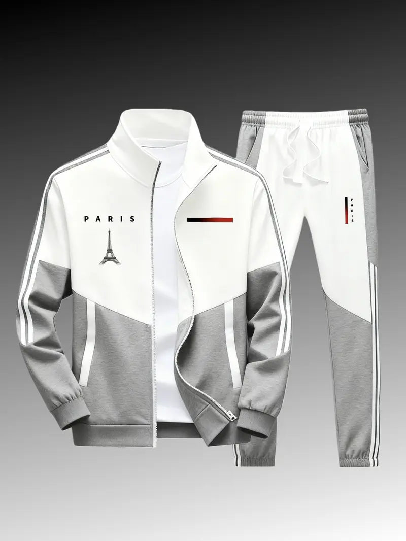 Men's 2-Piece Paris Logo Sportswear Set - Sports Outerwear Jacket & Jogging Pants, Geometric Print, Stand-Up Collar, Zipper Closure, Color-Matching Design, All-Season Streetwear Fashion Apparel Clothes Suits