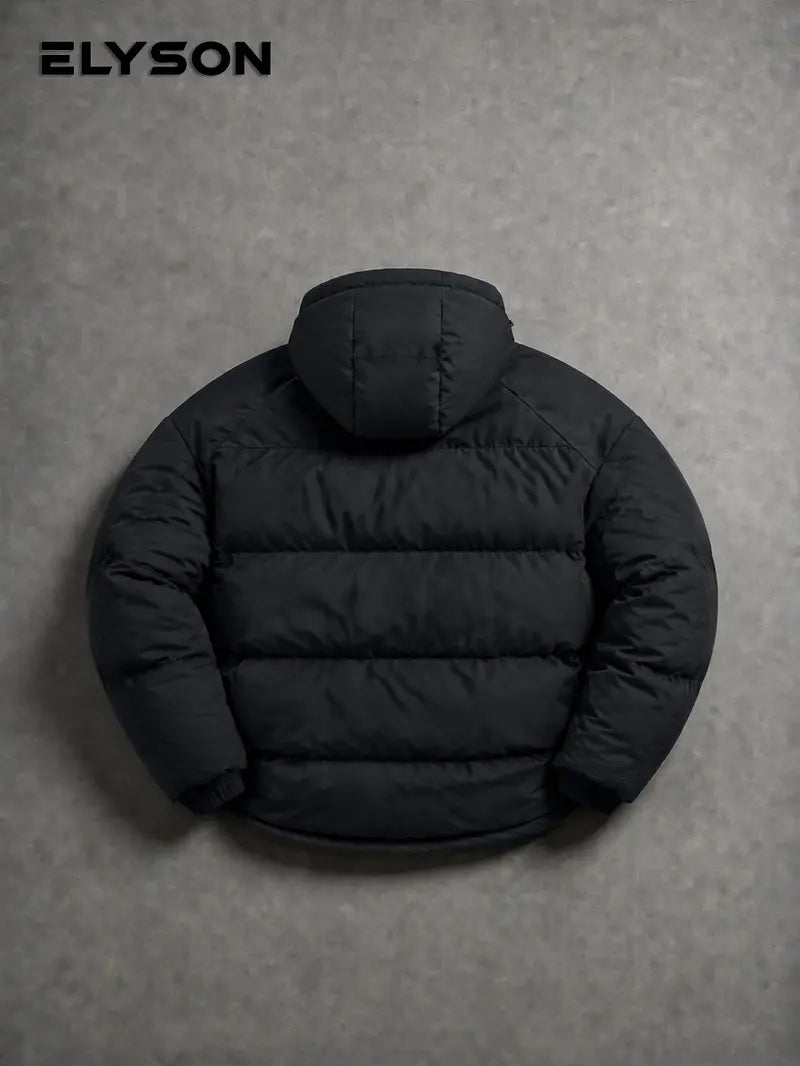 Loose-fit hooded cotton jacket with horizontal topstitching and down filling, full zip closure, basic warm casual cotton jacket
