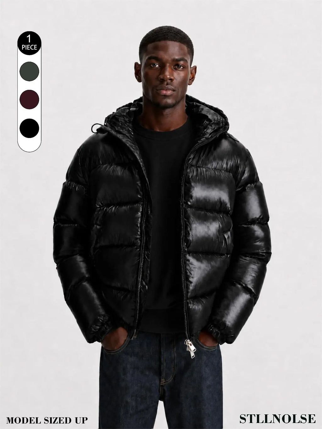 Men's Glossy Hooded Puffer Jacket, Full Zip Quilted Outerwear with Elastic Cuffs for Fall Winter Streetwear & Everyday Layering, Model Wears One Size Up for a Relaxed Look