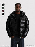 Men's Glossy Hooded Puffer Jacket, Full Zip Quilted Outerwear with Elastic Cuffs for Fall Winter Streetwear & Everyday Layering, Model Wears One Size Up for a Relaxed Look