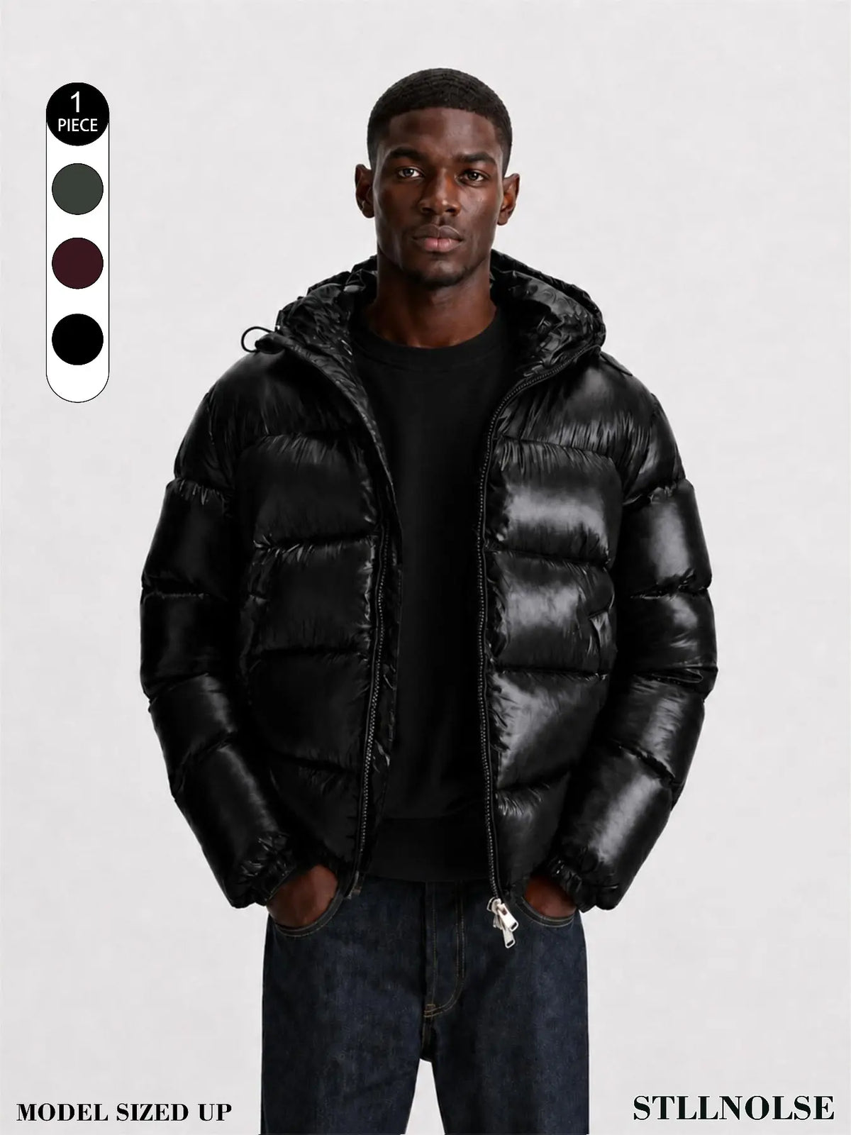 Men's Glossy Hooded Puffer Jacket, Full Zip Quilted Outerwear with Elastic Cuffs for Fall Winter Streetwear & Everyday Layering, Model Wears One Size Up for a Relaxed Look