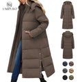 UMIPUBO Lady's Long Sleeve Calf-Length Maxi Puffer Down Coat, Winter Warm Padded Outerwear with Removable Faux Fur Hood, Full-Zip Parka Tops, Detachable Fur, Removable Hood