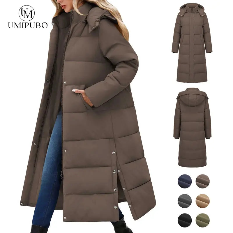 UMIPUBO Lady's Long Sleeve Calf-Length Maxi Puffer Down Coat, Winter Warm Padded Outerwear with Removable Faux Fur Hood, Full-Zip Parka Tops, Detachable Fur, Removable Hood
