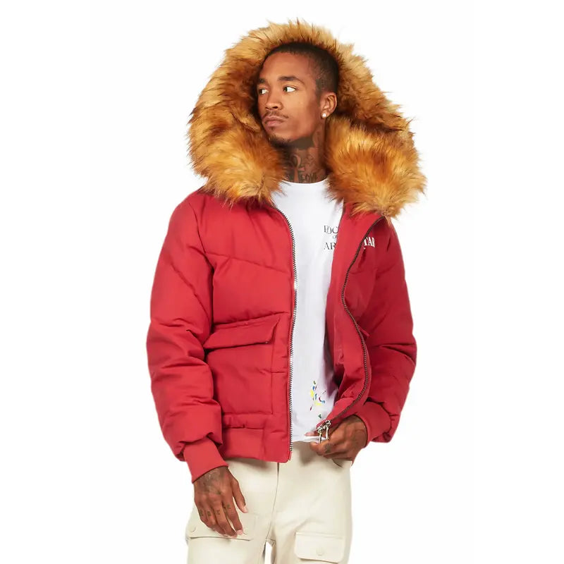 Langston Red Puffer Jacket with Fur Hood