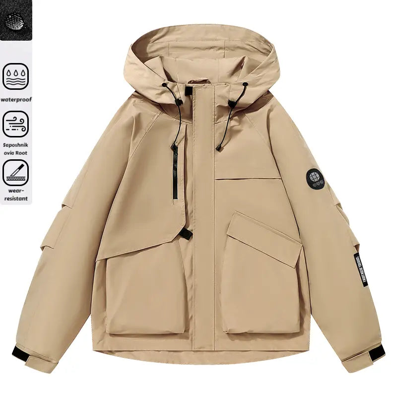 Men's Multi-Pocket Cargo Hooded Windbreaker Jacket - Functional, Water-Resistant Outdoor Coat for Cycling, Daily Travel, Hiking