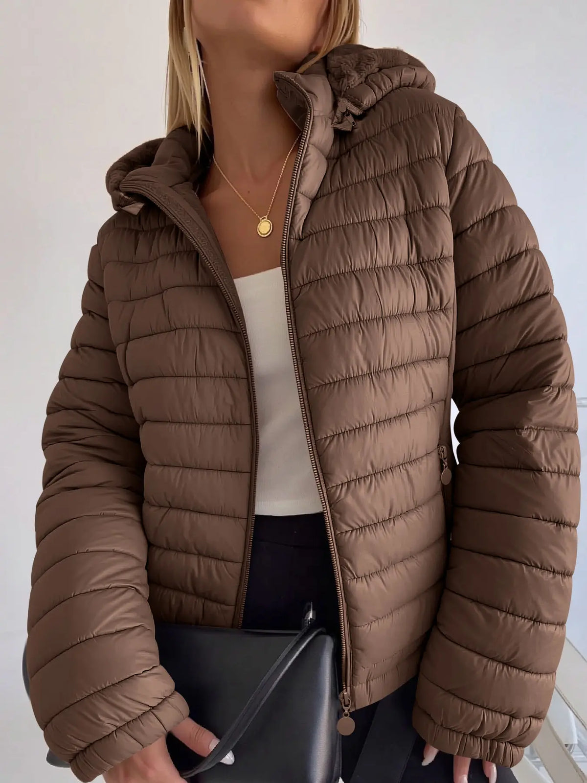 Women's Winter puffer Jacket, Casual Fitted Hooded Quilted Coat with Pockets, Warm Lightweight Commuter Outerwear for Fall & Winter
