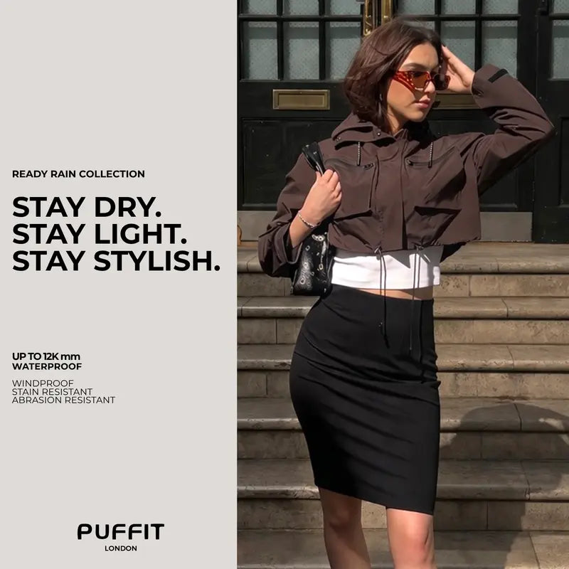 PUFFIT STM-TEX Elevated Cropped Detachable-hood Rain Jacket With Drawstring Hem,WaterProof,Stain Resistant,Windproof,Women's Rain Jacket,Breathable Stylish,Inner Pocket Design,Outdoor Sport,Windbreaker,School Running,Womenswear,,Fall,Winter,2026 S...