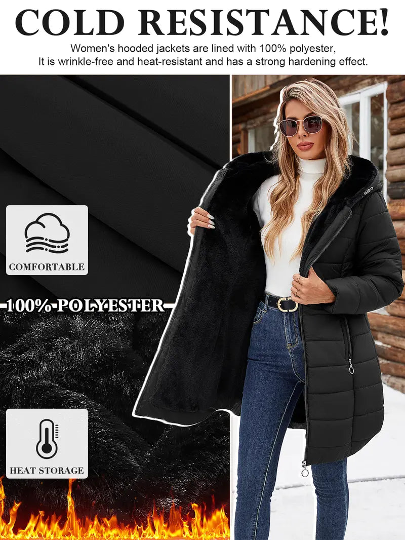Women's Winter Thick Down Jacket - Casual Winter Coat, Longsleeves, Medium Length Fleece-Lined Parka with Faux Fur Hood Outerwear Black Basic