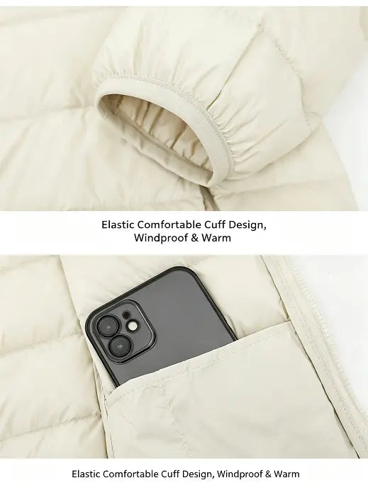 Clean Gent women’s winter down jacket, 90% white duckdown content, casual slim-fit hooded outerwear with pockets, lightweight and warm for autumn/winter commuting, new arrival for fall