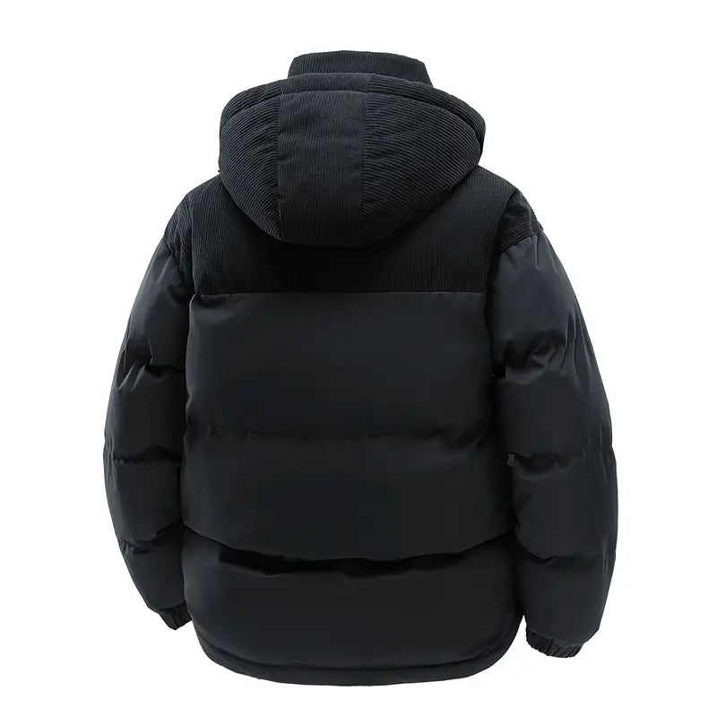 Men's Winter Color-Block Hooded Down Jacket - Thick, Warm, Loose-Fit, Detachable Hood, Contrasting Panels, Ideal for Everyday Commuting, Outdoor Activities