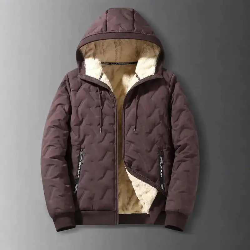Men's winter jacket lined hooded jacket windproof and waterproof heavyweight outdoor warm jacket with safety zipper pocket high-performance filled bomb jacket lightweight geometric texture technology clothing black Sherpa Fleece