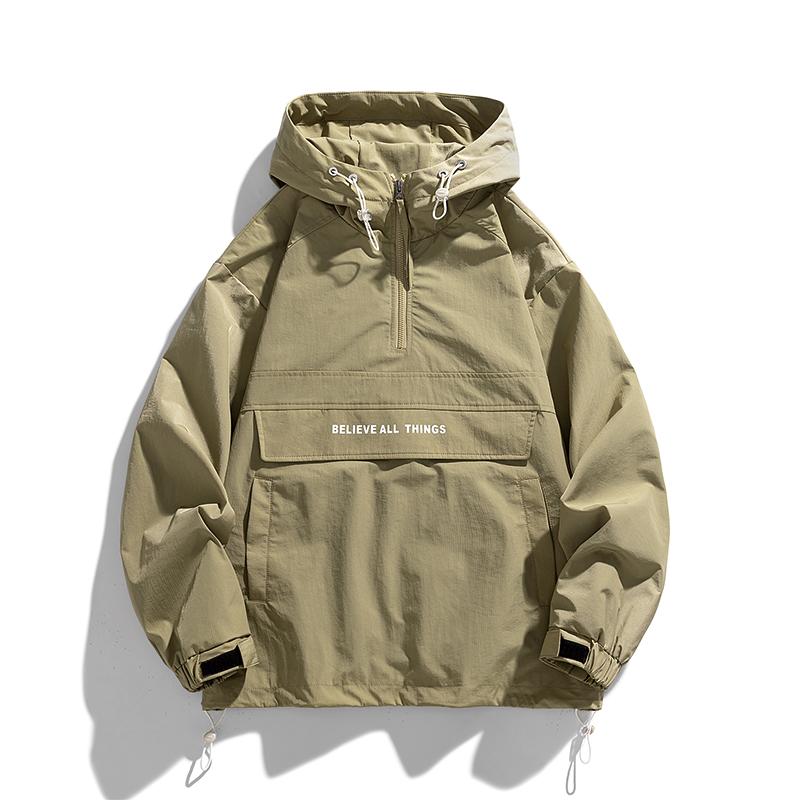 ZMZY Men's Half-Zip Jacket Lightweight Hooded Casual Outdoor Windbreaker, All-Season Oversized Relaxed Fit Coat with Drawstring Hem & Side Pockets for Teen Adults, Work Streetwear Style
