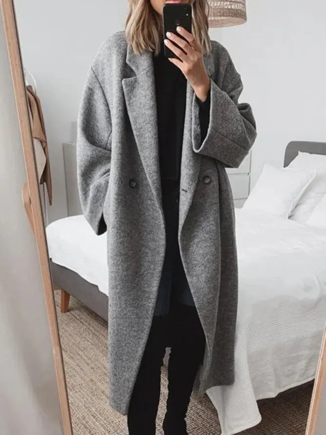 Women’s long winter trench coat with double-breasted design and turn-down collar, button closure, casual and fashionable for everyday wear