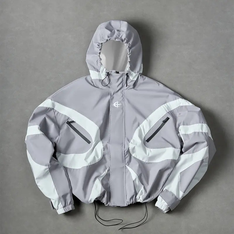 Men’s Color-Block Hooded Polyester Outdoor Jacket - Wind-Resistant Outerwear, Drawstring Hem, Stylish Sportswear for Hiking/Light Outdoor, Everyday Outings