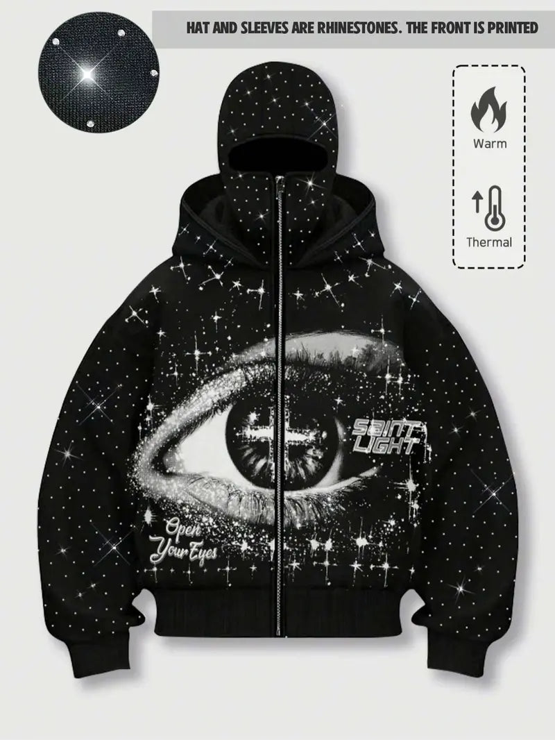 double hood rhinestone street casual loose men's zipper hoodie eye print sweatshirt, Graphic print hoodie autumn and winter fleece warm men and women brand Y2K jacket cool nightclub rock hip-hop music festival