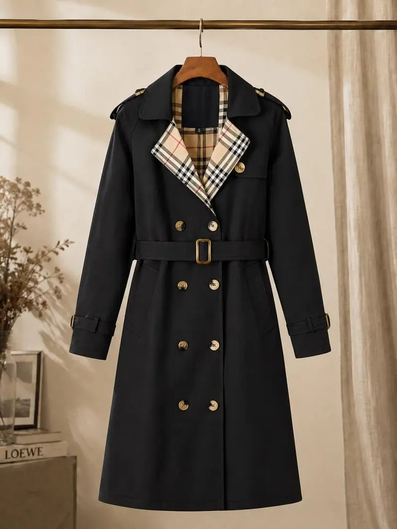 New autumn women’s loose long coat featuring a double-breasted design, khaki trench style, notched lapel with plaid lining, and an adjustable waist belt that cinches the silhouette—an essential piece for spring and autumn outfits.sohochic sohochic...