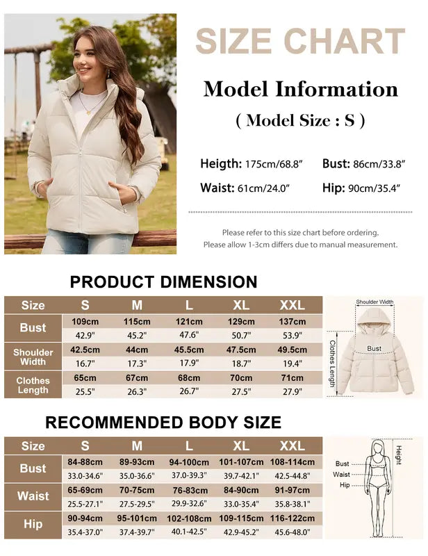 Women's Short Puffer Winter Jacket, Detachable Hood, SBS Zipper, Water Repellent 100% Polyester Fabric, Windproof Ribbed Cuffs, Secure Zip Pockets Casual Warm Outerwear for Daily Outdoor Wear
