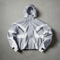 Men's Color-Block Patchwork Tiered Layer Polyester Windbreaker - Hooded Waterproof Medium-Length Zip-Up Jacket for Hiking, Commuting, Polyester Clothes, Machine Washable
