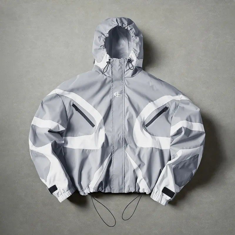 Men's Color-Block Patchwork Tiered Layer Polyester Windbreaker - Hooded Waterproof Medium-Length Zip-Up Jacket for Hiking, Commuting, Polyester Clothes, Machine Washable
