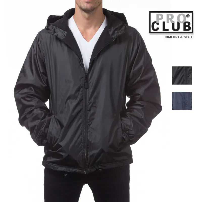 PROCLUB Men's Windbreaker Jacket Fleece Lined PRO CLUB Casual Water Resistance Rain Coat Lightweight Jackets Warm Hip Hop Black Navy (S to 5XL)
