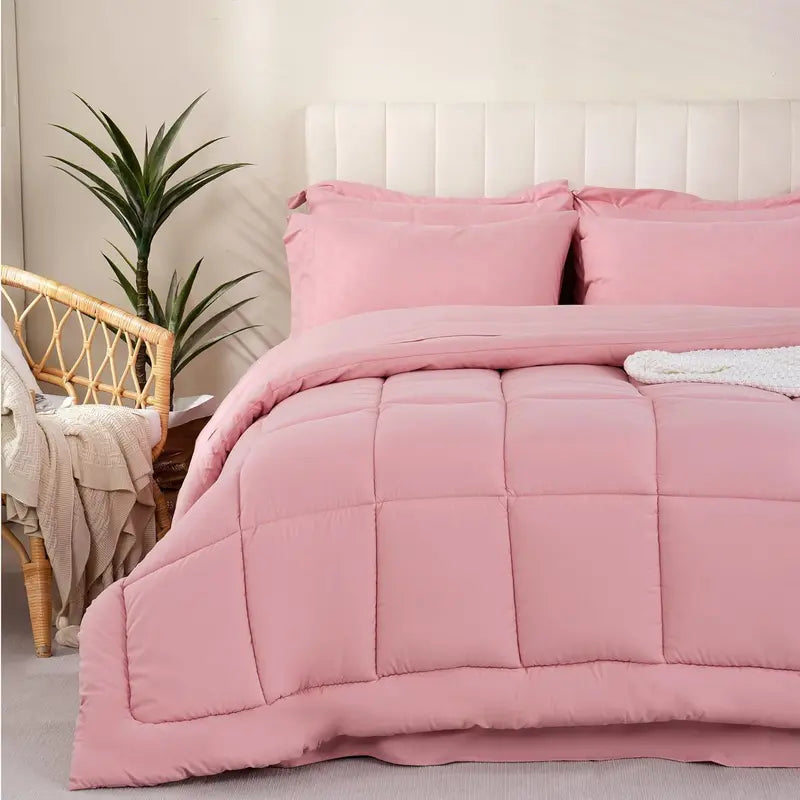 DOWNCOOL 7-Piece Comforter Set All Season Pink Down Alternative Bedding Set with Flat Sheet, Fitted Sheet, 2 Pillow Shams & Pillowcases, Soft Microfiber, OEKO-TEX Certified for Bedroom Home Decor
