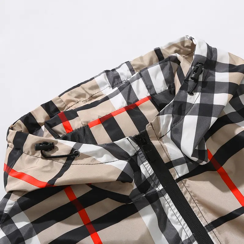 Men’s Spring Fall Lightweight Hooded Jacket, Zip-Up Windbreaker with Adjustable Drawstring, Stand Collar Option, Contrast Stripe Detail, Casual Plaid Outerwear in Khaki