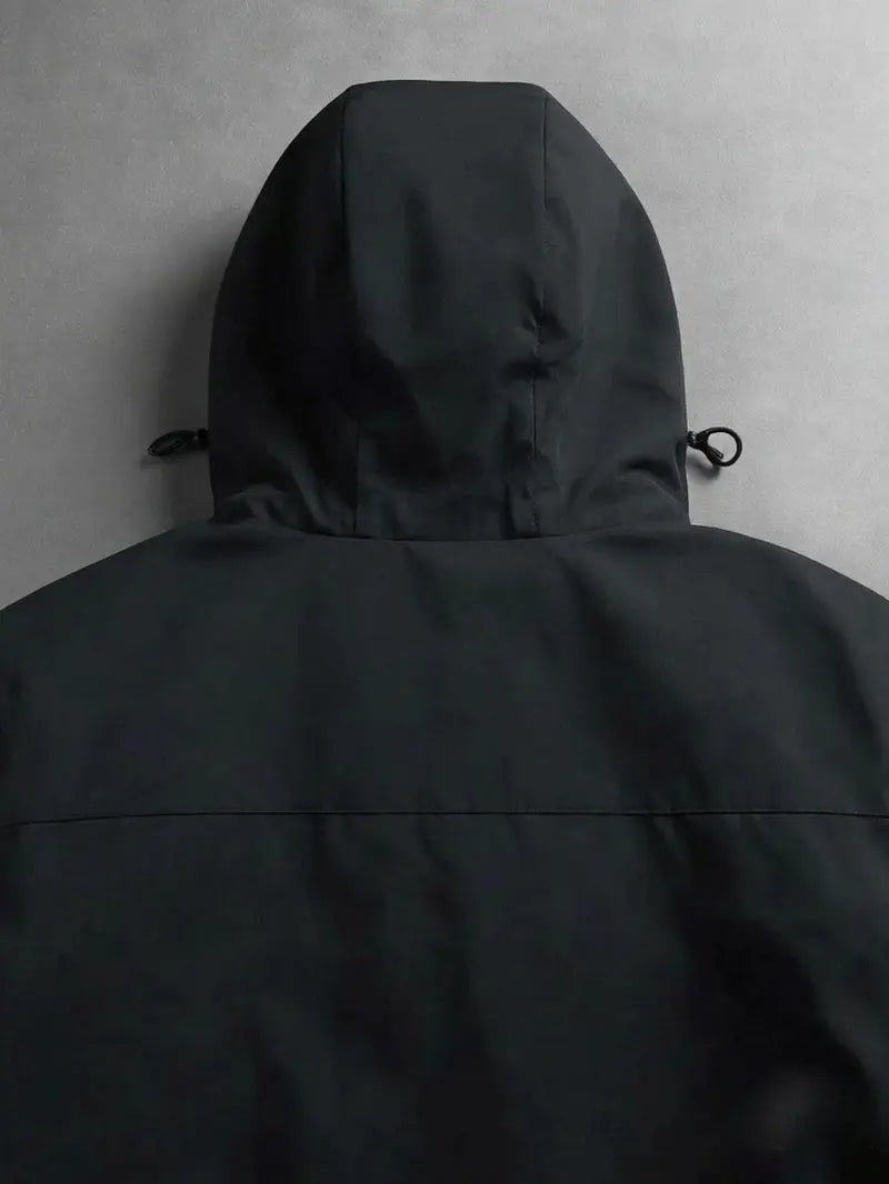 Men's Polyester Lightweight Windproof Hooded Rain Jacket - Men's Clothing Zip-Front Track Jacket, Water-Resistant Breathable Black Outdoor Wear with Adjustable Hood for Running, Hiking