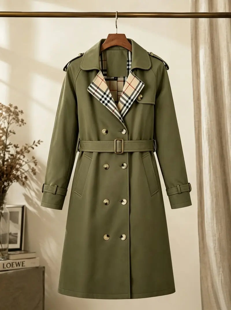 New autumn women’s loose long coat featuring a double-breasted design, khaki trench style, notched lapel with plaid lining, and an adjustable waist belt that cinches the silhouette—an essential piece for spring and autumn outfits.sohochic sohochic...