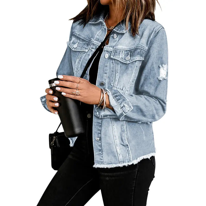 EVALESS Women's Casual Short Jean Jackets Non Stretch Distressed Ripped Boyfriend Washed Coats Lapel Long Sleeve Denim Jacket Outwear Tops 2026 Womenswear Spring Winter Outfits Deals For You Days summer outfits,back to school,back to school shoppi...