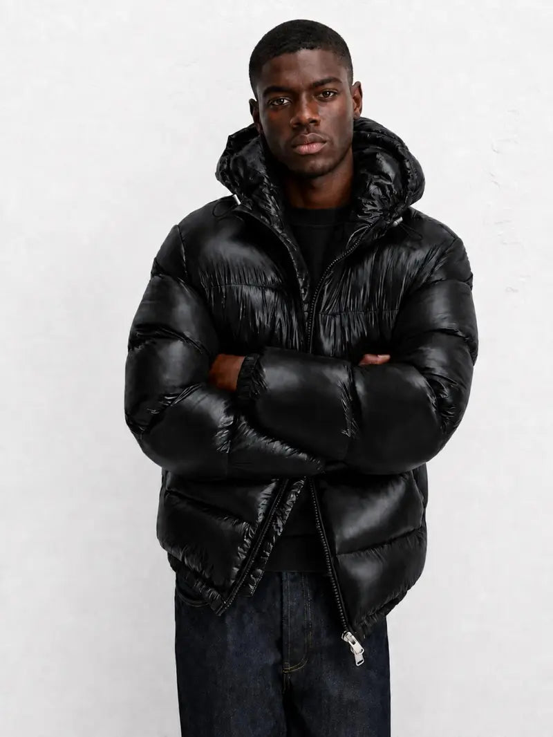 Men's Glossy Hooded Puffer Jacket, Full Zip Quilted Outerwear with Elastic Cuffs for Fall Winter Streetwear & Everyday Layering, Model Wears One Size Up for a Relaxed Look