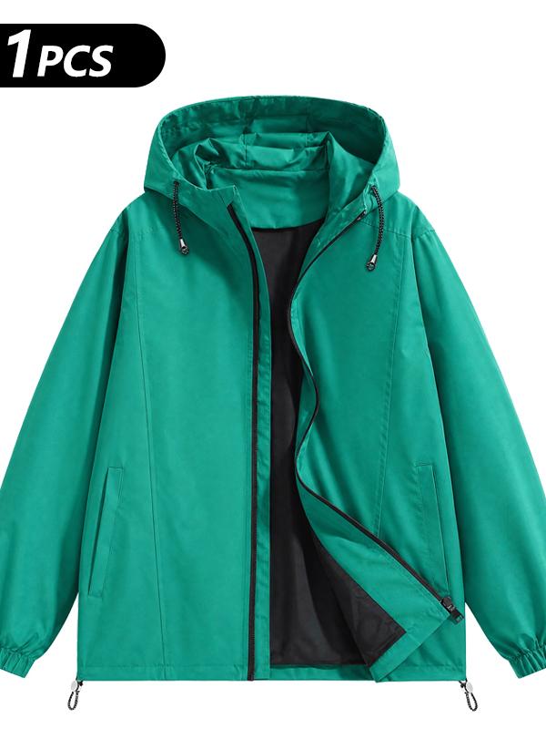 Men’s Loose-Fitting Long Sleeve Hooded Coats - Windproof, Waterproof Polyester Plain Tops with Adjustable Hem, Zip Up Closure, Casual Outdoor Menswear Outerwear for Everyday Wear (Beige, Black)