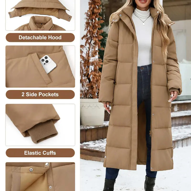 UMIPUBO Lady's Long Sleeve Calf-Length Maxi Puffer Down Coat, Winter Warm Padded Outerwear with Removable Faux Fur Hood, Full-Zip Parka Tops, Detachable Fur, Removable Hood