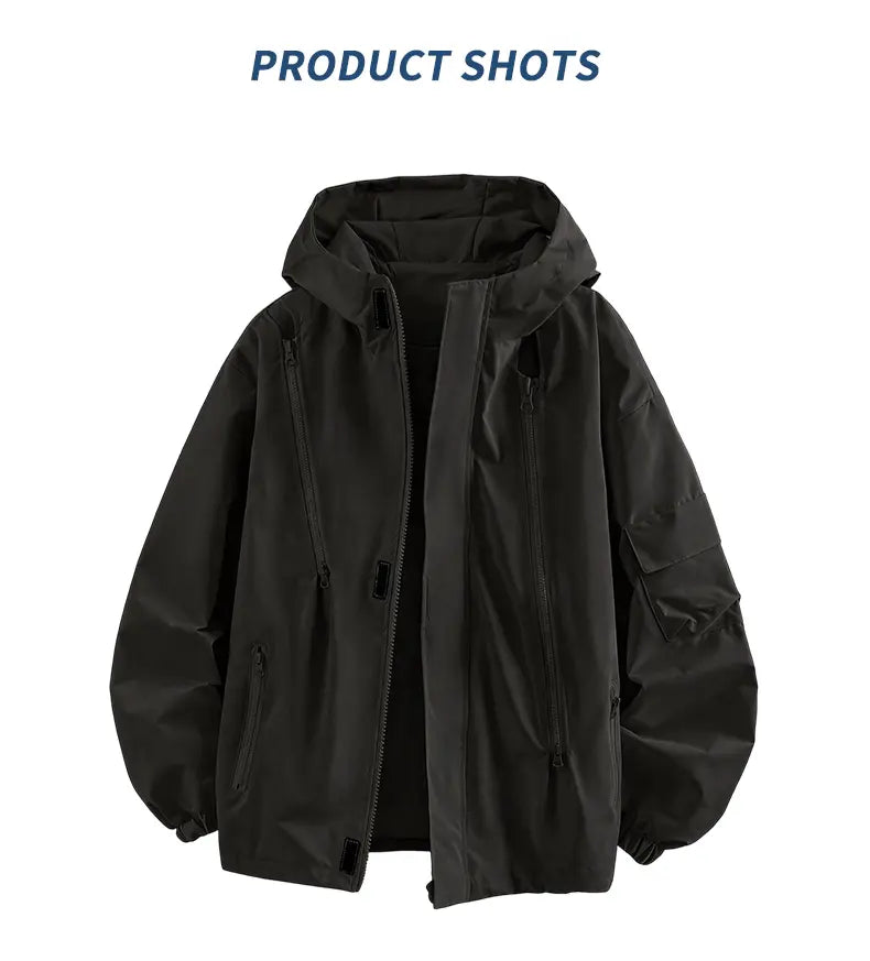 Men’s hooded windbreaker jacket, water-resistant fabric loose cargo outerwear with multiple zippered pockets, everyday outdoor casual top