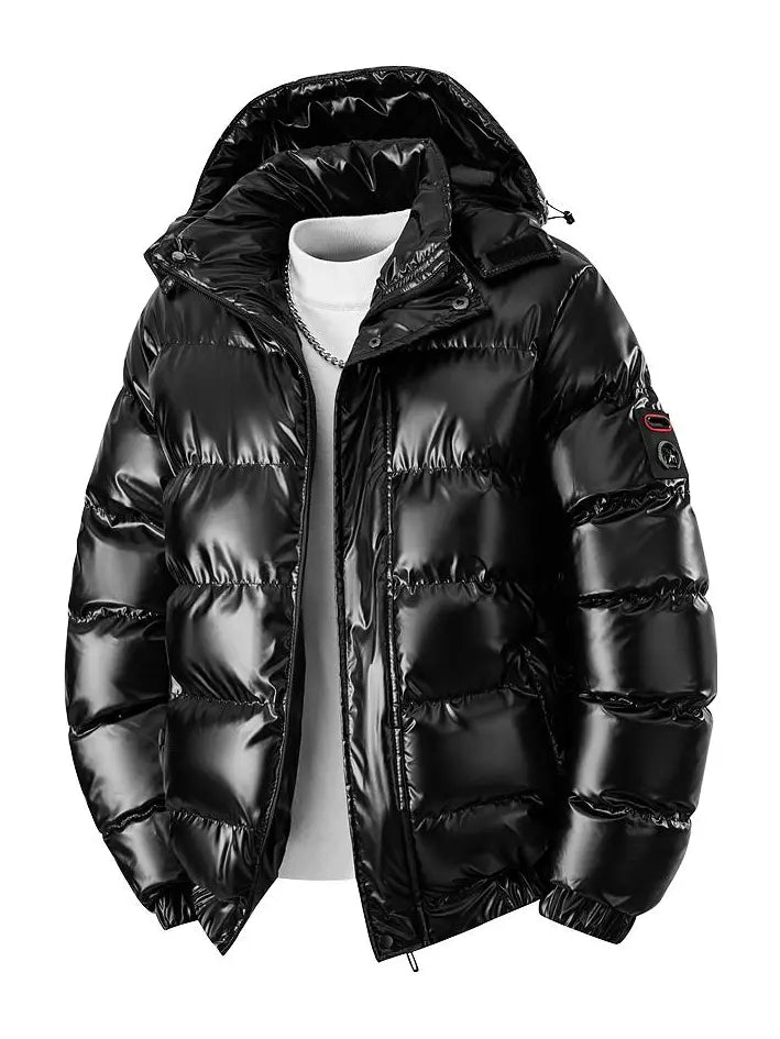 Men’s hooded down jacket, thick warm windproof zip-up winter outerwear with a loose fit, casual outer layer