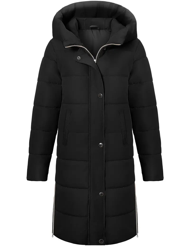 Womens Winter Long Puffer Coats Down Thicken Warm Quilted Jacket Mid-Length with Side Zipper and Hood Outerwear