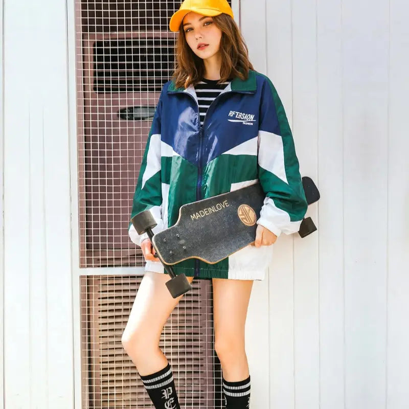 Gihuo Unisex Men Women Windbreaker Jacket Y2k Varsity Jackets Oversized Vintage 90s Jacket Casual Coats Tops Outerwear Long Sleeve Lightweight Unisex