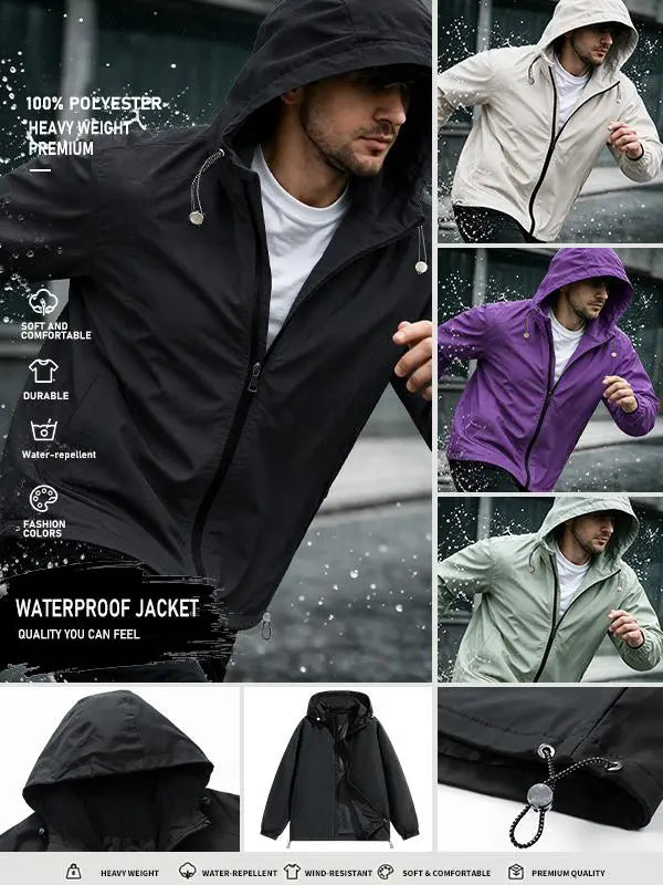 Men’s Loose-Fitting Long Sleeve Hooded Coats - Windproof, Waterproof Polyester Plain Tops with Adjustable Hem, Zip Up Closure, Casual Outdoor Menswear Outerwear for Everyday Wear (Beige, Black)