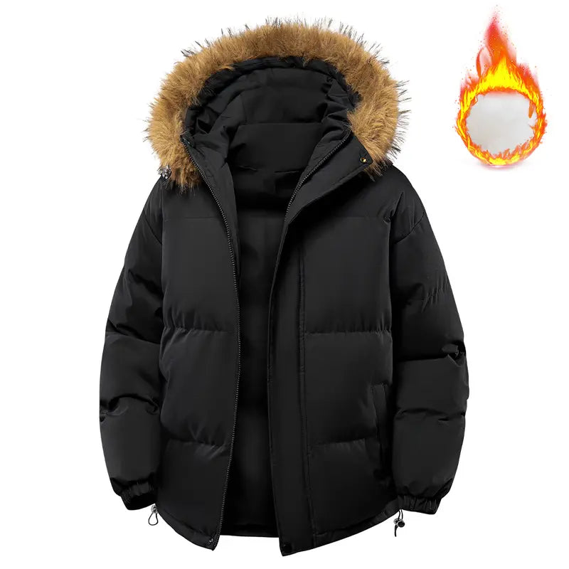 All-Black Men's Woven Hooded Jacket - Winter Thick Warm Slim Fit Long-Sleeve Casual Top, Detachable Faux Fur Collar, Couples Style, Zipper, Drawstring, Layering Outerwear Essential, M Size, Fitted Fleece Lining, New Year Wear