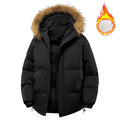 All-Black Men's Woven Hooded Jacket - Winter Thick Warm Slim Fit Long-Sleeve Casual Top, Detachable Faux Fur Collar, Couples Style, Zipper, Drawstring, Layering Outerwear Essential, M Size, Fitted Fleece Lining, New Year Wear